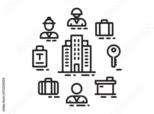 Teamwork and business success symbolized by people icons around a modern building.