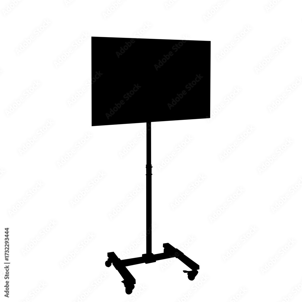Fototapeta premium Silhouette of a flat screen television on a rolling stand isolated on white background