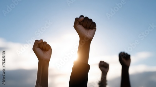 raised fists silhouette against sky, symbol of protest and democracy, strong natural light