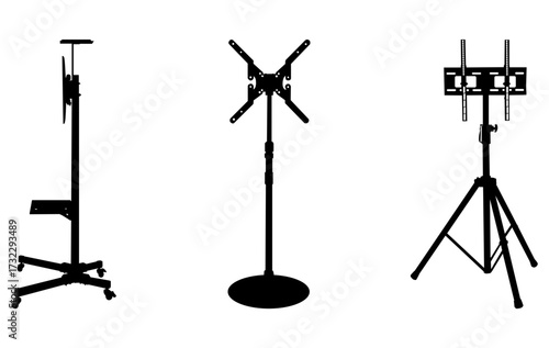 Three Studio Equipment Stands With Mounts And Tripods For Lighting, Video, And Display