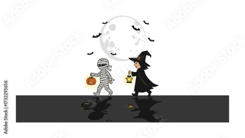 Halloween Mischief under the Moonlight: Two adorable figures, a mummy and a witch, stroll into the enchanting night, carrying a pumpkin lantern as they prepare for a magical night of Halloween.