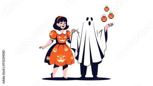 Spooky Duo and Pumpkin Lanterns: An illustrated girl in an orange pumpkin dress playfully stands next to a ghostly figure in costume, accompanied by floating jack-o'-lanterns.