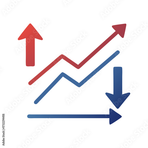 Illustration of a fluctuating line graph with red and blue lines indicating positive and negative changes, accompanied by directional arrows for growth and decline.