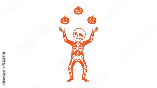 Spooky Juggler: A Halloween-themed illustration depicts a cheerful skeleton juggling three jack-o'-lanterns against an inviting backdrop, encapsulating the whimsical spirit of All Hallows' Eve.