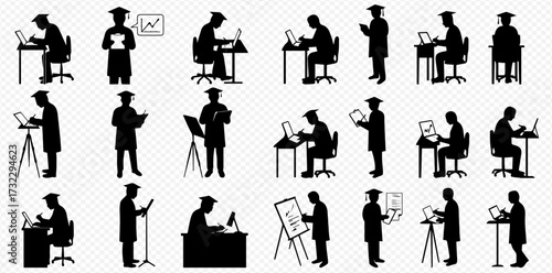 Silhouettes of graduates in various academic and professional settings, working with laptops, documents, and presentation tools.