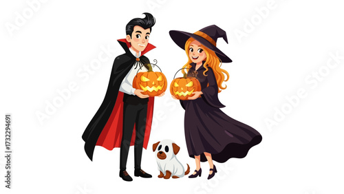 Halloween Enchantment: A charming pair in Halloween costumes, holding carved jack-o'-lanterns. alongside a cute dog, against the backdrop of autumn's crisp air.