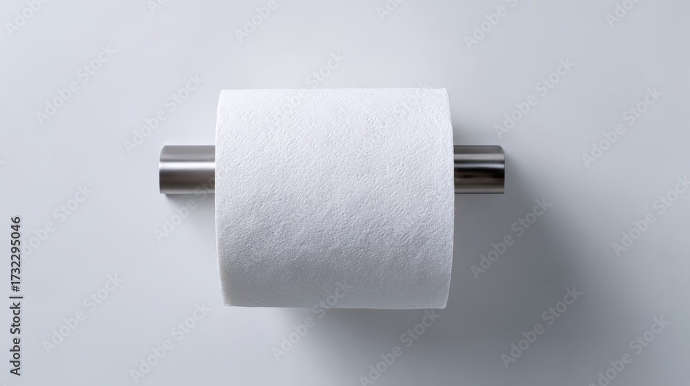Obraz premium A roll of white toilet paper on a silver holder against a plain background. The scene is minimalistic and clean, emphasizing hygiene and bathroom essentials.