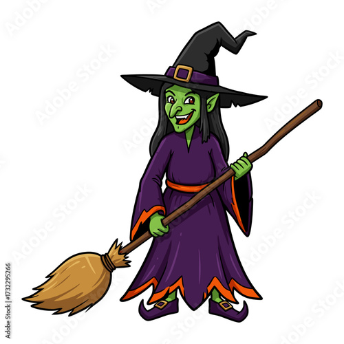 A cartoon illustration of a green-skinned witch wearing a purple dress and black hat, holding a broomstick, perfect for Halloween themes.
