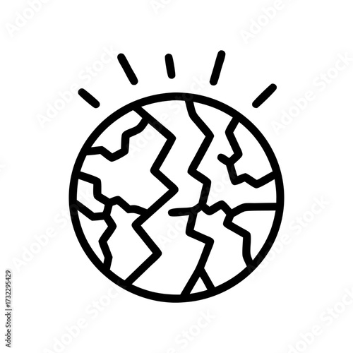 A simple black and white line art icon of a cracked planet Earth with radiating lines suggesting distress or an alert.