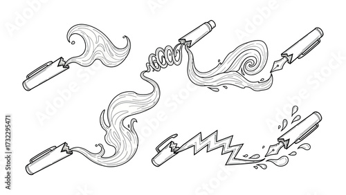Creative pen illustration: A collection of pens each expressing a different stroke, line and shape. each with its own unique artistic flair, each pen offering a unique creative possibility. 