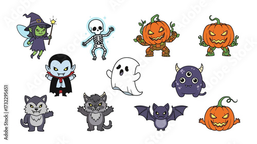 Spooky Halloween Characters Collection: A collection of fun and spooky Halloween characters, perfect for a fun and festive greeting or design project. Featuring a fairy, a skeleton, grinning pumpkins.