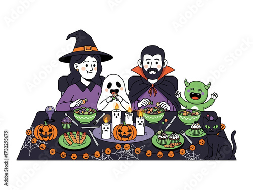 Spooky Feast: A whimsical illustration of a festive Halloween dinner table, decorated with pumpkins, candles, treats, and various adorable characters, celebrating the joyous holiday.