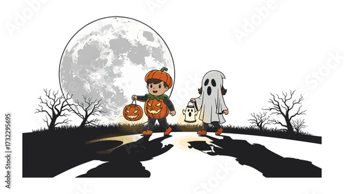 Halloween Kids on Spooky Night: Adorable kids dressed as a pumpkin and a ghost stroll under a full moon, casting long shadows on a spooky Halloween night.