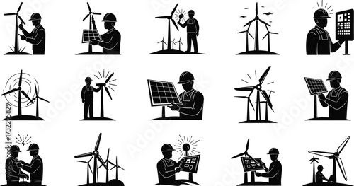 Wind energy illustration, renewable power vector, solar panel design, turbine technology icons, engineers working, sustainable electricity concept, black and white artwork