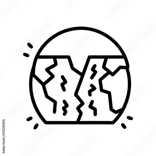 A simple black and white line drawing of a globe with a large crack running through it, symbolizing environmental disaster or global problems.