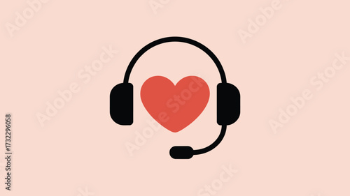 Illustration of black headset with microphone and red heart on a light pink background