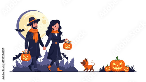 Halloween Stroll: A couple, costumed for Halloween, takes a moonlit stroll with their dog, collecting treats and embodying the festive spirit with an air of spooky charm.