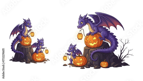 Halloween Dragon Duo:  A whimsical display features two distinct groups of purple dragons and lanterns perched on glowing orange pumpkins in a festive Halloween setting.