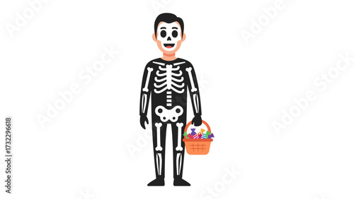 Halloween Delight: A person in a whimsical skeleton costume, holding a basket overflowing with treats, ready for a night of spooky fun and cheerful celebration.