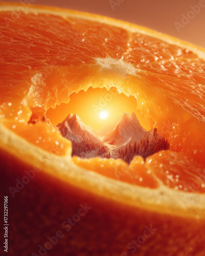 Surreal Landscape Inside Orange Slice for Stock Photography