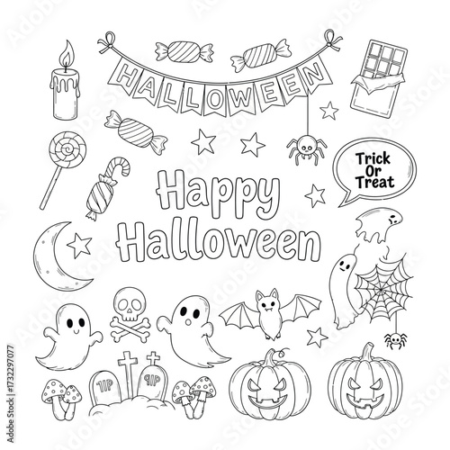 Spooky Celebration: A meticulously crafted black and white illustration showcases a range of iconic Halloween elements and symbols.