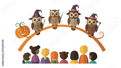 Halloween owls and Children: A whimsical illustration captures the spooky season spirit, depicting a group of cartoon owls donning witch hats.