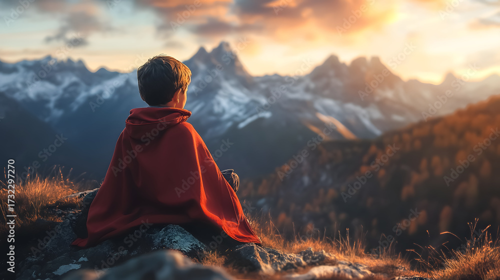 Fototapeta premium A child dreaming of being a superhero while standing on a mountain, embracing adventure and ambition.