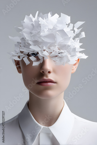 Conceptual Female Portrait with Face Covered by Scattered White Paper Pieces Representing Confusion, Identity, Creativity, Stress, and Data Overload
