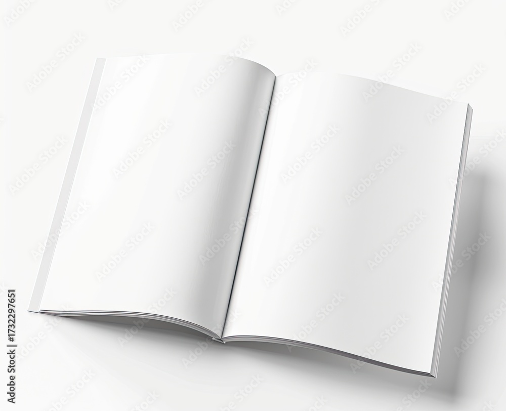Naklejka premium Open blank magazine lies on white surface, mockup for advert, article, brochure