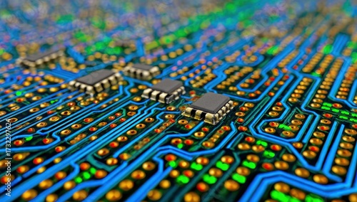 Close-up view of a complex circuit board, showcasing intricate pathways and integrated components.