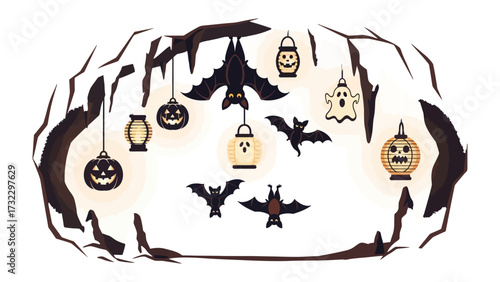 Spooky Nighttime Silhouette: A creative illustration depicting a Halloween night scene with bat and ghost silhouette decorations within the bare branches of a dead tree.