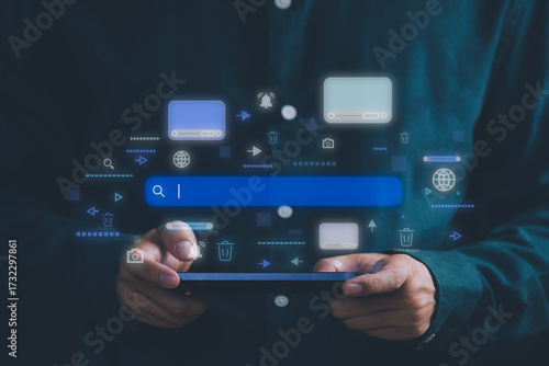 Man using a smartphone with digital interface for video content moderation. Concept of online streaming, copyright protection, video platform, content removal, AI moderation and digital safety.