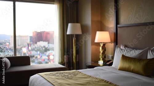 Elegant High-Rise Hotel Suite Overlooking the Bustling Las Vegas Cityscape at Sunset