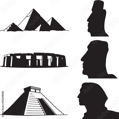 Ancient monuments and stone heads pyramids Stonehenge