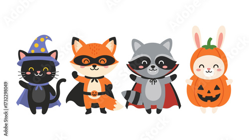Halloween Masquerade: A whimsical illustration featuring four charming animals, each adorned in adorable Halloween costumes, from a witch to a playful bunny.