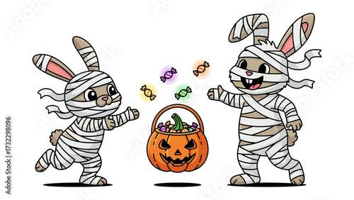 Halloween Bunnies and the Enchanted Basket: Two adorable cartoon bunnies, playfully wrapped in bandages, engage in a spirited Halloween celebration.