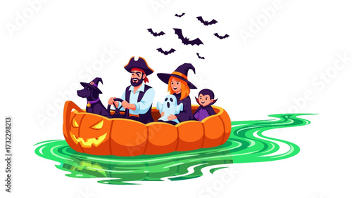 Enchanting Halloween Adventure: A spirited crew of Halloween characters embarking on a festive voyage in a pumpkin-shaped boat on a mysterious lake. Capturing the playful spirit of All Hallows' Eve.