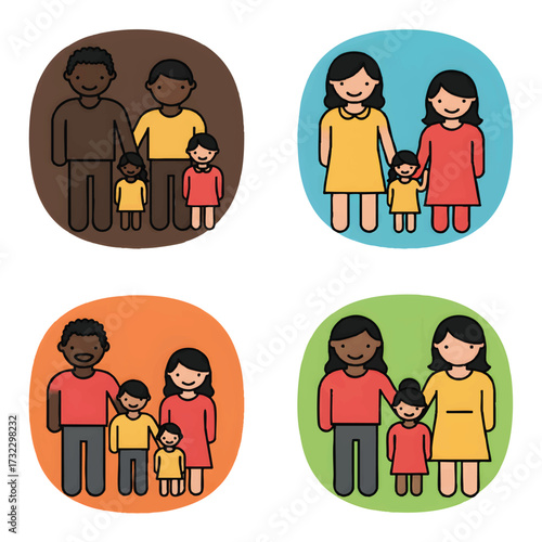 A diverse set of family icons representing different ethnicities and family structures, ideal for diverse representation in design and illustration
