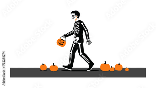 Spooky Stroll: A figure in a skeletal costume trick-or-treats with a vibrant jack-o'-lantern bucket during a lively celebration, against a minimalistic backdrop, exuding a delightful Halloween aura. 