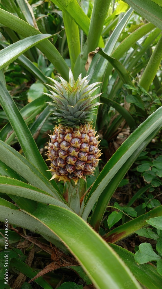 Fototapeta premium A young pineapple, growing in its natural environment, surrounded by long, green leaves