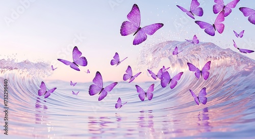 A serene scene of many vibrant purple butterflies gracefully taking flight over a tranquil ocean wave, showcasing a soft pastel color palette and a peaceful mood.