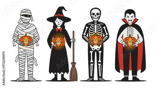 Halloween Costume Parade: A whimsical illustration showcasing a delightful lineup of Halloween characters, each donned in their signature attire and holding a carved pumpkin lantern.