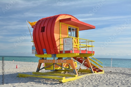 Lifeguard tower at Miami Beach, South Beach, Florida by Atlantic Ocean.