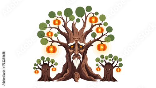 Magical Animated Tree Family: In a whimsical illustration, a central, wise animated tree, adorned with glowing ornaments, stands prominently, embraced by a family of smaller animated trees.
