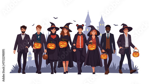 Enchanted Gathering: A diverse group of individuals in costume, illuminated by the haunting glow of jack-o'-lanterns, approach a mystical castle backdrop.