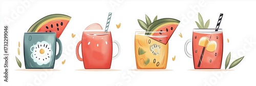 Colorful drinks in mugs with fruits and straws, bright illustration