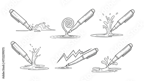 Creative Ink: A set of artistic illustration of pens dripping creative ink, bringing the magic of writing and art