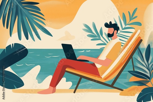 Man using laptop on beach chair surrounded by palm leaves, seaside view