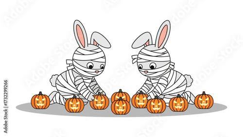 Halloween Bunnies and Pumpkins: Two adorable bunnies wrapped as mummies playfully interact with a gathering of glowing pumpkins.