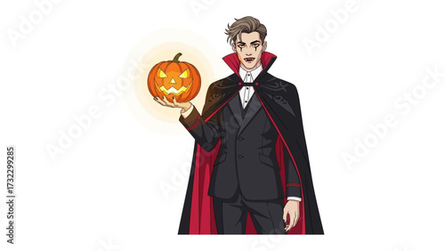 Halloween Vampire with Pumpkin: A stylish vampire stands, his gaze piercing, holding a glowing jack-o'-lantern. He embodies the spirit of Halloween, a blend of mystery and festive fun.